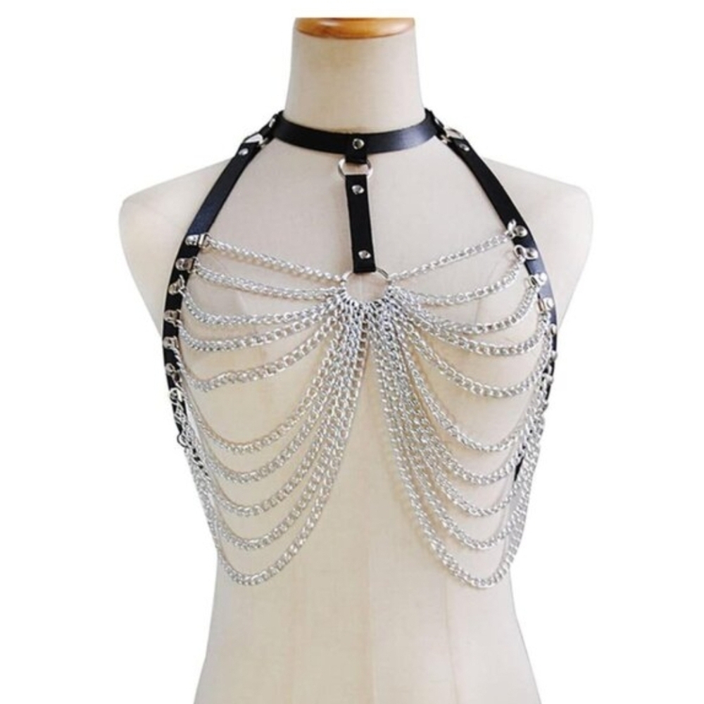 NEW! Leather Chest Harness Black Bra Caged Body Chain Goth Festival Rave Corset - Picture 4 of 5
